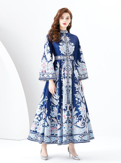 Retro Flared Sleeve Split Print Dress