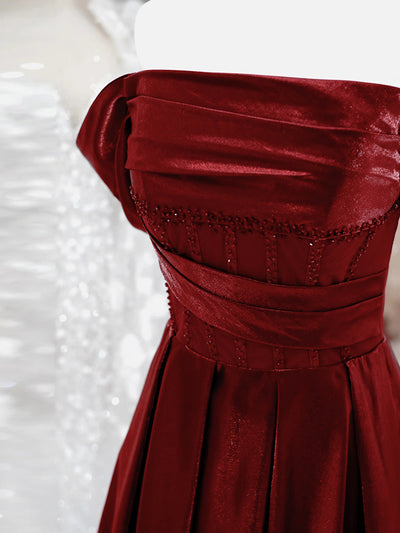 Burgundy Off the Shoulder Pleats Beading Prom Dress