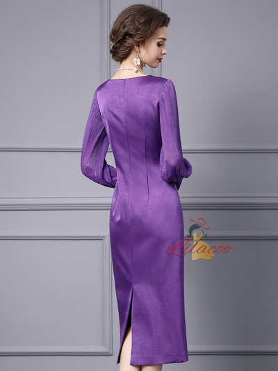 Purple Long Sleeve Appliques Mother of the Bride Dress