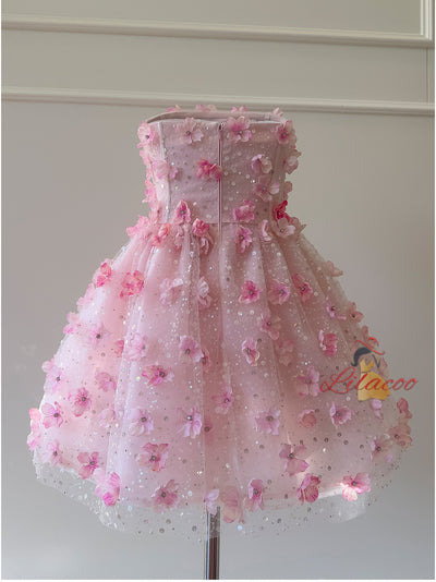 Pink Sequins Strapless Flower Prom Dress