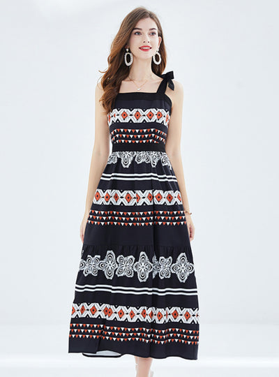 Holiday Bow Vintage Printed Pleated Dress