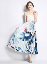 White Printed Sling Pleated Dress