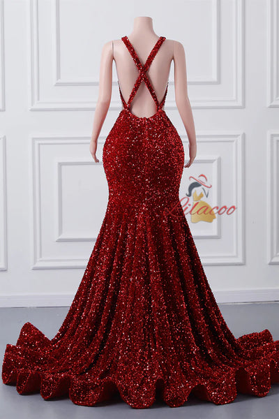Burgundy Mermaid Sequins Lace Prom Dress