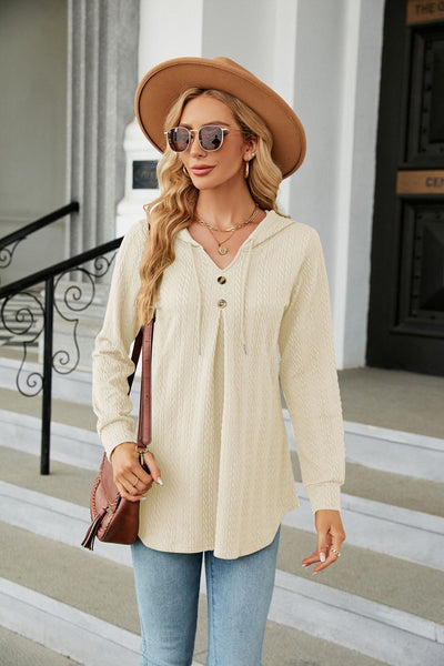 V-neck Loose Long-sleeved Hooded Top