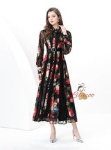 Spliced Wide Swing Printed Long Dress
