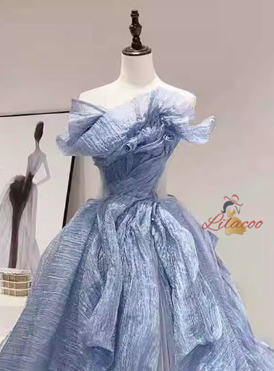 Blue Tulle Strapless Pleats Prom Dress