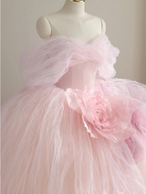 Pink Ball Gown Off the Shoulder 3D Flower Prom Dress