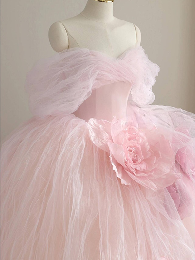 Pink Ball Gown Off the Shoulder 3D Flower Prom Dress