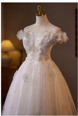 White Tulle Sequins Appliques Wedding Dress