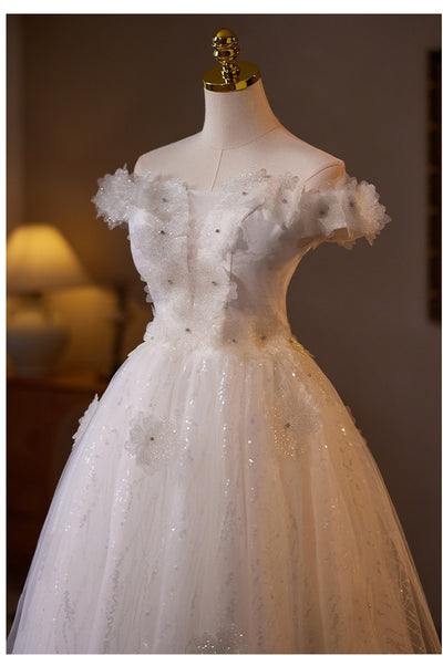 White Tulle Sequins Appliques Wedding Dress