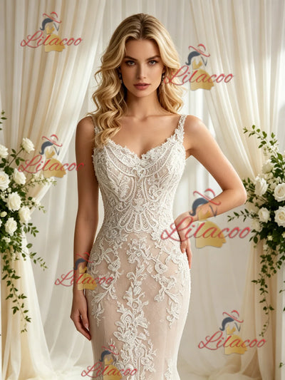Champagne Mermaid Lace Straps Wedding Dress
