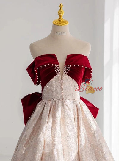 Burgundy Velvet Beading Prom Dress