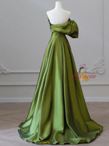 Green Satin Strapless Pleats Prom Dress