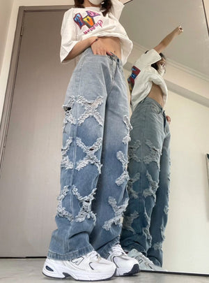 Retro High Waist Holes Jeans