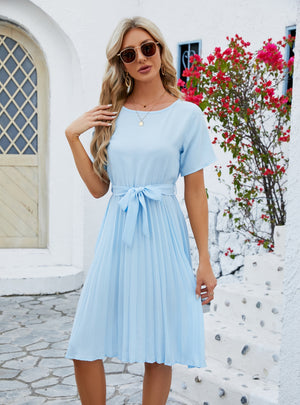 Solid Color Pleated Loose Short Sleeve Dress