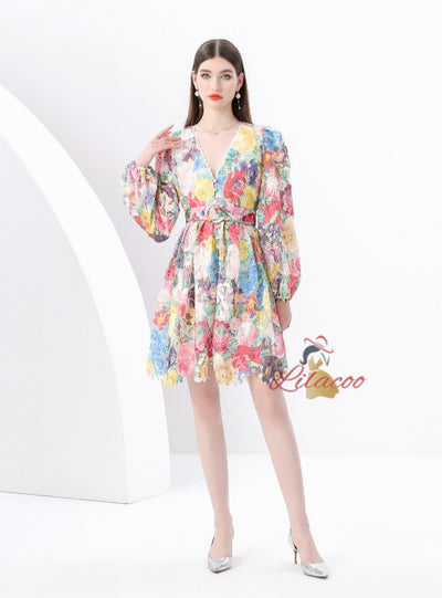 Retro V-neck Breasted Printed Dress