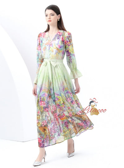 Bow Printed Chiffon Shirt+Skirt Suit