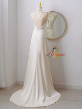 White Satin Halter Backless Pleats Wedding Dress