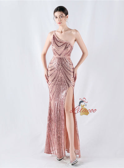 Mermaid Sequins One Shoulder Beading Prom Dress