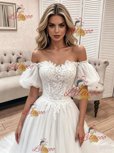 White Tulle Lace Off the Shoulder Wedding Dress