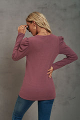 Long Sleeve Pleated Spliced Round Neck T-shirt
