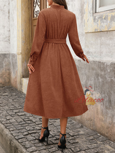 Brown Corduroy V-neck Joker Dress