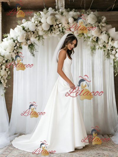 White Satin Straps Wedding Dress