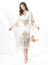 Retro Round Neck Flared Sleeve Fringed Dress
