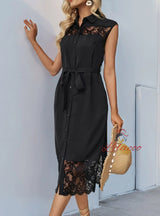 Cardigan Shirt Lace Stitching Lapel Dress