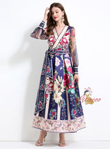 Vintage V-neck Lantern Sleeve Printed Dress
