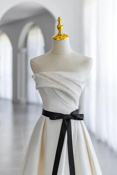 A-Line Ivory Satin Pleats Wedding Dress