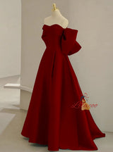 Burgundy Satin Off the Shoulder Bow Prom Dress