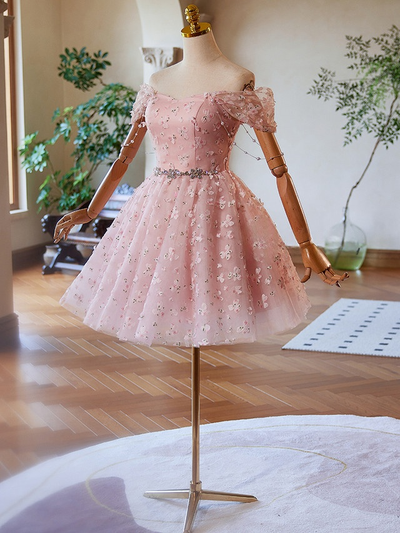 Pink Tulle Flower Beading Off the Shoulder Homecoming Dress