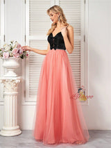 Pink Tulle Black Bow Straps Prom Dress