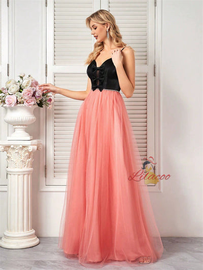 Pink Tulle Black Bow Straps Prom Dress