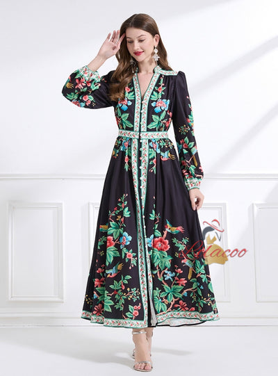 Palace V-neck Breasted Long Printed Dress