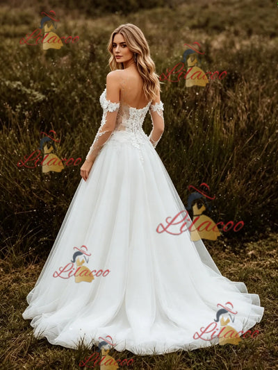 White Lace Tulle Straps Appliques Wedding Dress