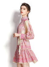 Long Sleeve Chiffon Print Short Dress