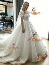 White Ball Gown Puff Sleeve Wedding Dress