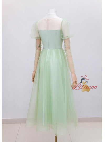 Green Gauze Long Sleeve Evening Dress