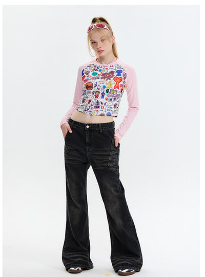 Cartoon Graffiti Printed Long Sleeve T-shirt