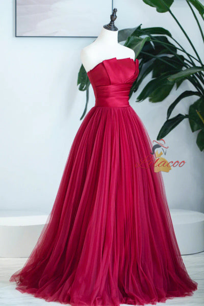 Burgundy Satin Tulle Strapless Pleats Prom Dress