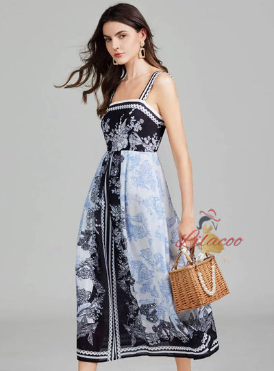 Retro Printed Suspender Dress