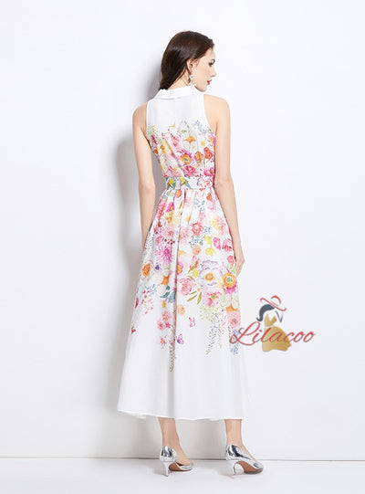 Sleeveless Oil Painting Flower Holiday Style Dress