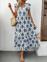 Loose Deep V-neck Printed Long Dress