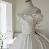 Ivory Satin Off the Shoulder Pleats Wedding Dress