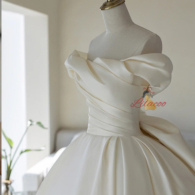 Ivory Satin Off the Shoulder Pleats Wedding Dress