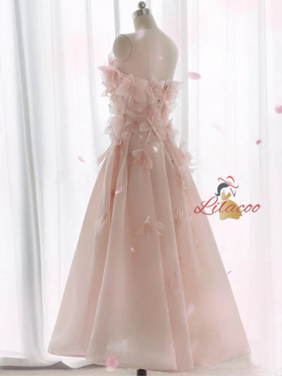 Pink Tulle Strapless 3D Flower Prom Dress