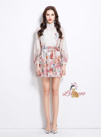 Palace Retro Lantern Sleeve Slim Printed Dress