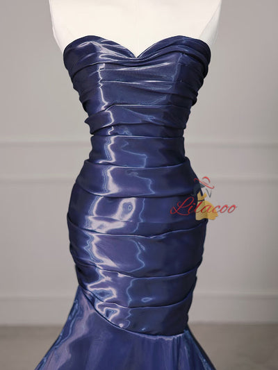 Navy Blue Mermaid Sweetheart Pleats Prom Dress